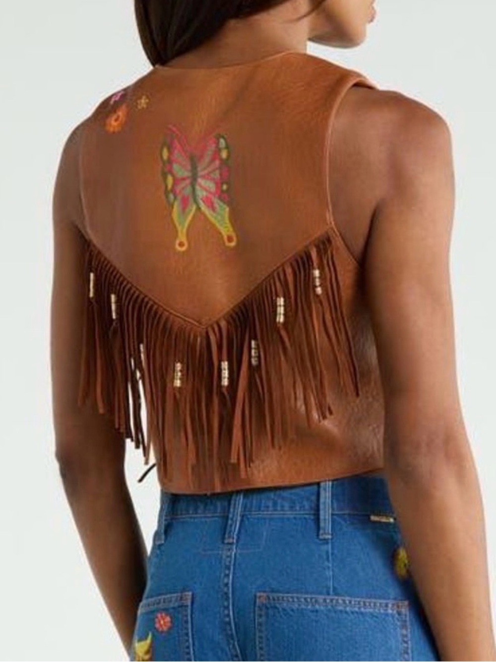 MOTHER: Fringe Embroidered Faux Leather Vest - Brown - Picture 3 of 6